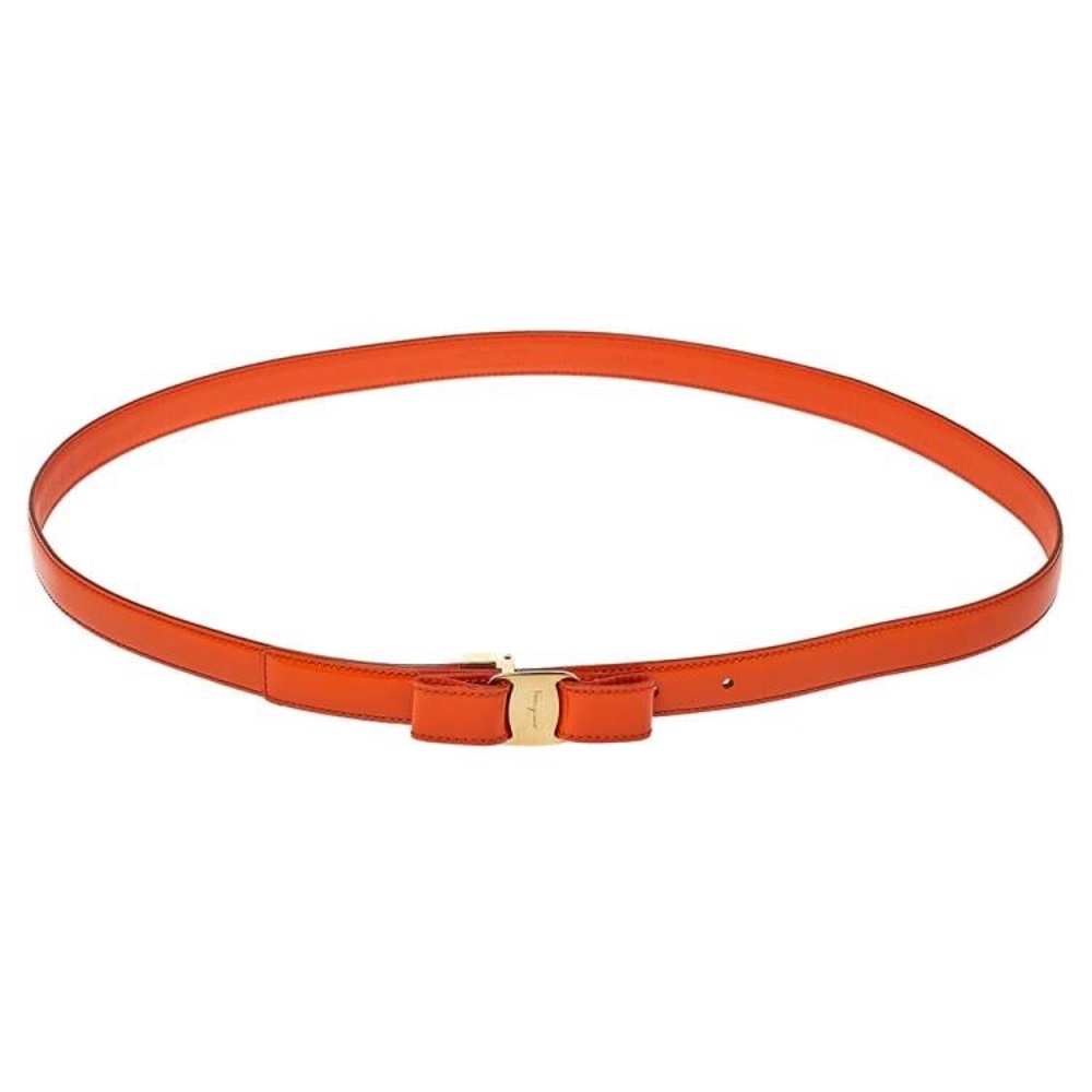 Salvatore Ferragamo Orange Leather Vara Bow Slim Belt